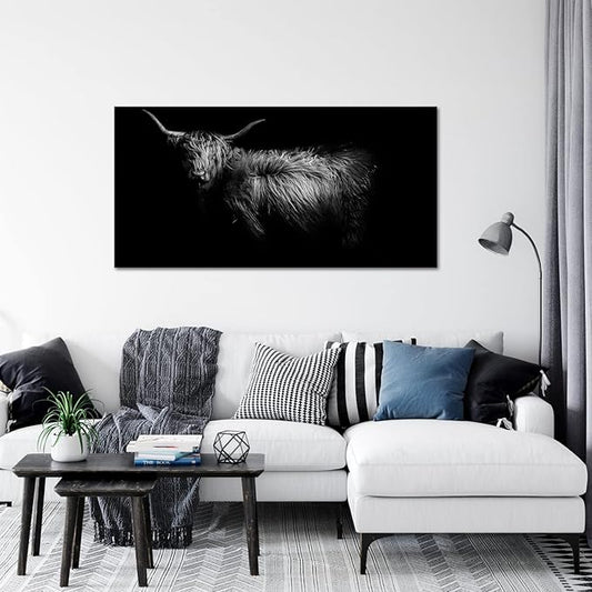LevvArts Black and White Wall Art Canvas Highland Cow Pictures Painting Farm Animal Portrait Art Poster Artwork for Living Room Bedroom Modern Home Decor Ready to Hang 24"x48"