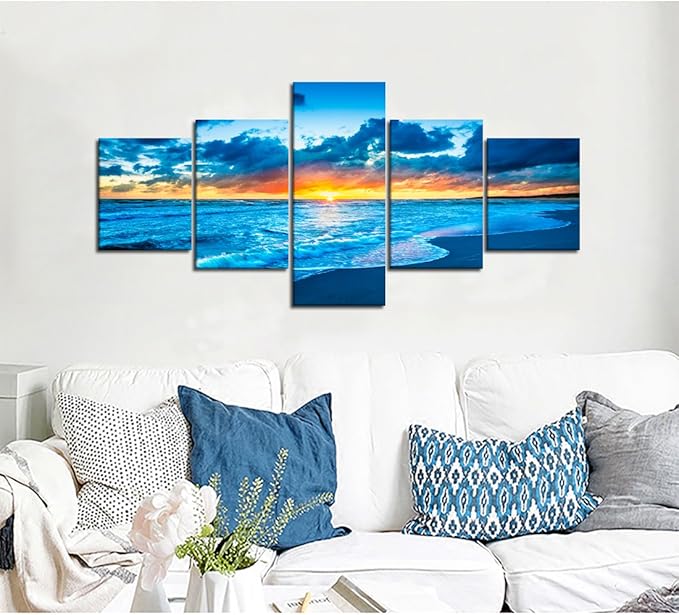 Yatsen Bridge Blue Beach Ocean Sunrise Modern Landscape Seascape Painting on Canvas 5 Piece Pictures Wall Art for Living Room Home Decor Wooden Framed Stretched Ready to Hang (50''W x 24''H)