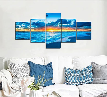 Yatsen Bridge Blue Beach Ocean Sunrise Modern Landscape Seascape Painting on Canvas 5 Piece Pictures Wall Art for Living Room Home Decor Wooden Framed Stretched Ready to Hang (50''W x 24''H)