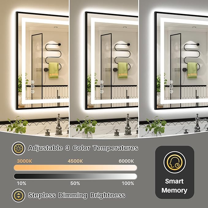 44x36 Inch LED Bathroom Mirror with Black Frame, Backlit & Front Lit, Anti-Fog Lighted Bathroom Vanity Mirror for Wall, Memory Function, Dimmable, HD Tempered Glass, Shatter-Proof