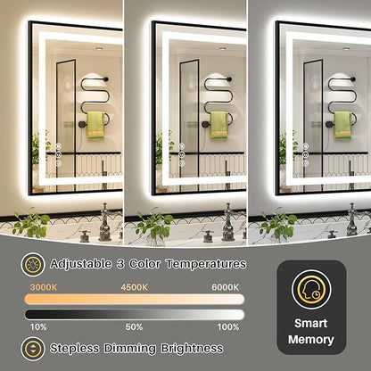 66x36 Inch LED Bathroom Mirror with Black Frame, Backlit & Front Lit, Anti-Fog Lighted Bathroom Vanity Mirror for Wall, Memory Function, Dimmable, HD Tempered Glass, Shatter-Proof