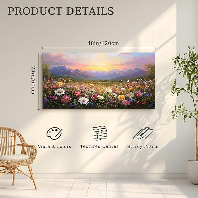 crmotu Landscape Wall Art, Mountain Wall Art, Floral Wall Decor, Daisy Flower Field Canvas Artwork, Rustic Bright Big Paintings for Living Room Bedroom Entryway Home Office Prints 24x48inch