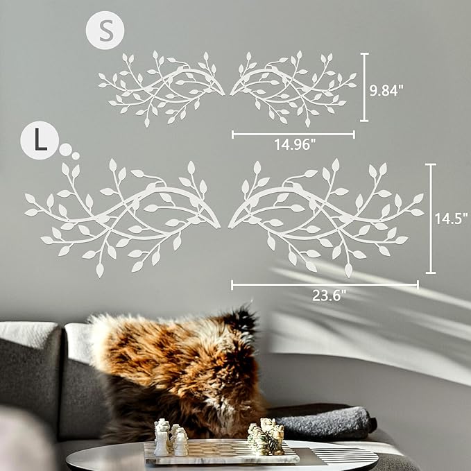 Meltset Metal Tree Leaf Wall Decor, Vine Olive Leaf Branch Wall Art,Wrought Iron Artwork, Decorative Wall Sculptures Above The Bed, Living Room, Indoor and Outdoor (2 Pcs/White)