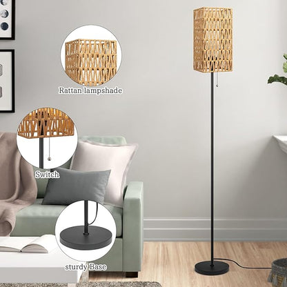 Ruiever Floor Lamp for Living Room,Farmhouse Floor lamp,Modern Standing lamp with Hand-Worked Rattan Shade (Square Shade-3 Color Blub)