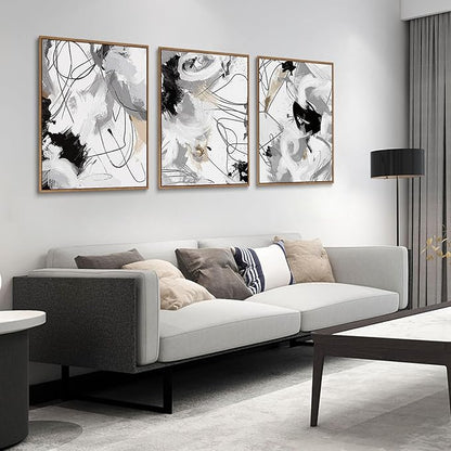myusuar 3 Piece Large Modern Abstract Canvas Framed Wall Art For Living Room, Black And White Lines Minimalist Wall Art Decor Posters Prints For Bedroom Office, 16x24in