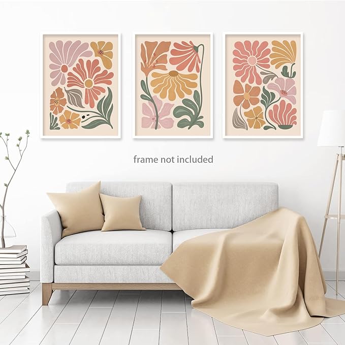 TBKHUDBI Boho Flower Poster Wall Art Abstract Floral Canvas Prints Set of 3 Minimalist Botanical Painting Modern Flower Market Aesthetic Pictures Decor for Living room Bedroom 12"x16" Unframed