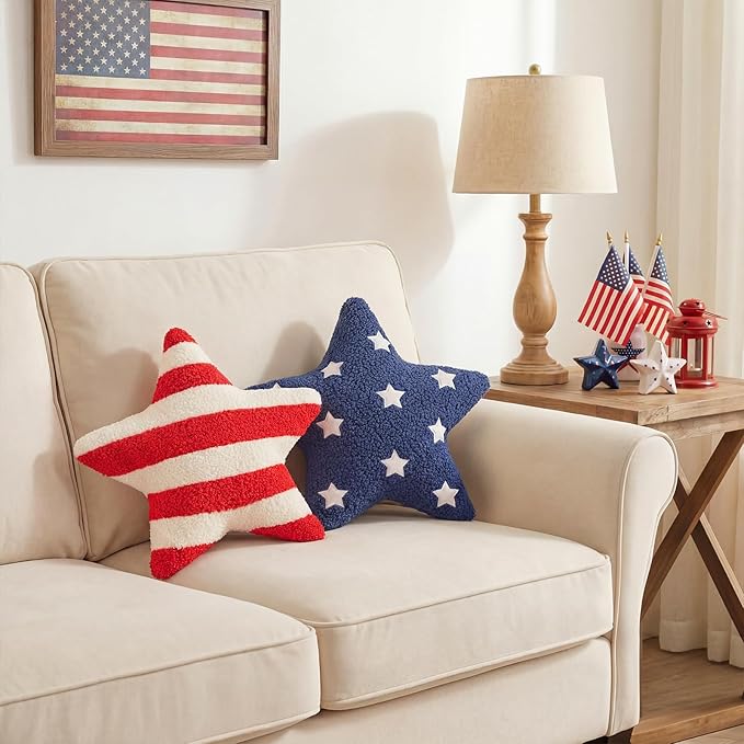 2 Pcs 4th of July Decorations 13x13" Star Throw Pillows, Rustic Patriotic Red White Blue Teddy Fleece Pillows with Star Embroidery & Flag Stripes, Americana Farmhouse Decor for July 4th Memorial Day