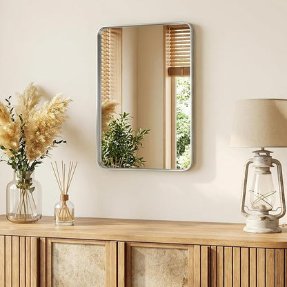 NEWBULIG 20X28 Inch Bathroom Mirror for Over Sink, Wall Vanity Mirrors Tempered Glass, Anti-Rust Metal Framed Rounded Rectangle, Hangs Horizontally or Vertically, Farmhouse Home Decor, Silvery