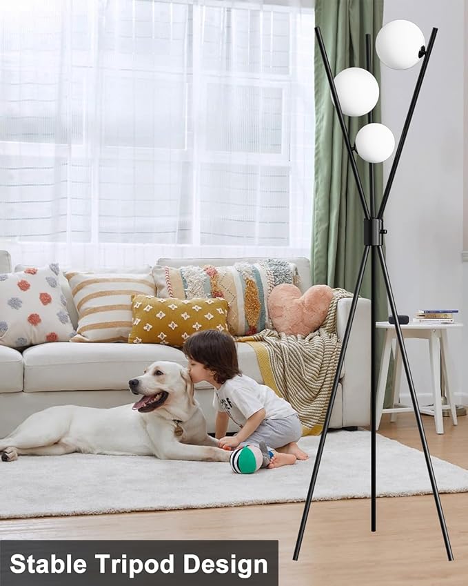 Lightdot 60IN Dimmable Black Tripod Floor Lamp Mid Century Standing Lamps with 3Pcs 3000K Bulbs Included Eye Care&Stable Base Modern Tall Lamp for Living Room/Sofa Beside/Corner Decor