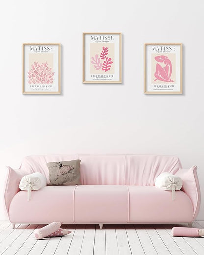 Framed Matisse Pink Canvas Wall Art,Abstract Matisse Canvas Wall Decor,16x12IN High Framed Wood Design Prints,Minimalist Wood Frame Posters for Living Room,Bedroom,Bathroom Set of 3