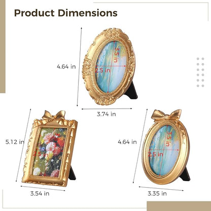 4 Styles Vintage Picture Frames, Small Golden Picture Frames, 4 Sizes Picture Frame 5.5''x4.6''/4.7''x4.7''/5.9''x7.7''/4.5''x5.4'',Collage Wall Mount & Tabletop Photo Display for Gallery Home Decor (Pack of 3)