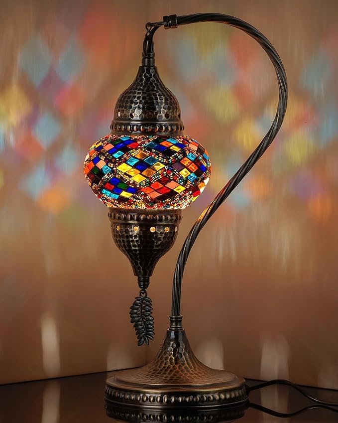 DEMMEX Turkish Moroccan Table Lamp, Swan Neck Tiffany Style Mosaic Glass Table Desk Bedside Lamp for Bedroom, Living Room – Handcrafted in Turkey, Multicolor