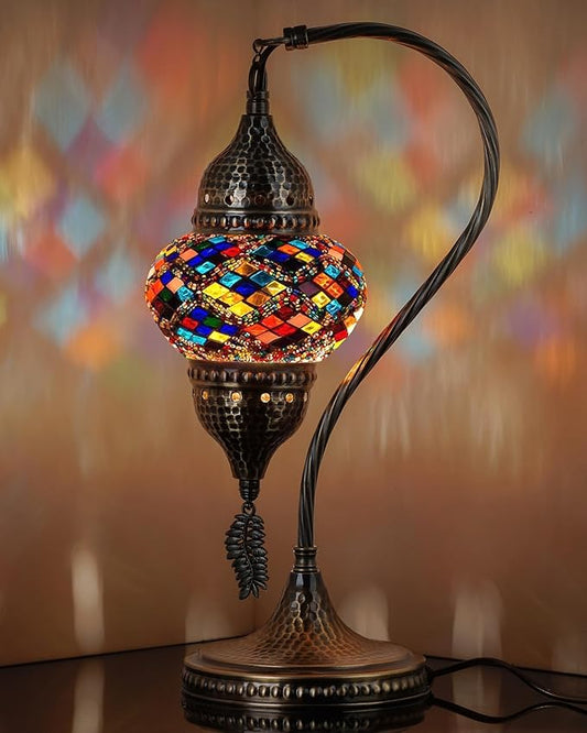 DEMMEX Turkish Moroccan Table Lamp, Swan Neck Tiffany Style Mosaic Glass Table Desk Bedside Lamp for Bedroom, Living Room – Handcrafted in Turkey, Multicolor