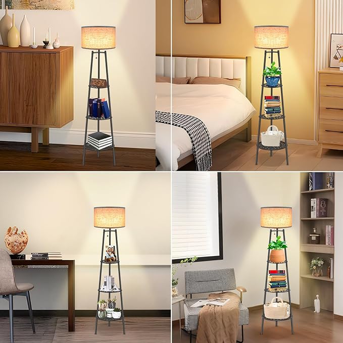 ZQQLITE 2 PCS Black Floor Lamp with Shelves for Living Room， Standing Lamp，Tall Lamp， Amparas Elegantes para Sala with Linen Shade，Modern Floor Lamp for Living Room，Bedroom or Office（Black ）