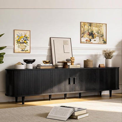 80" Mid Century Modern TV Stand, Wood TV Consoles with Sliding Doors and Power Outlet, Fluted Entertainment Center with Adjustable Shelves, Media Console for Living Room, Black