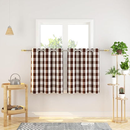 3 Pieces Tier Curtains and Valance Set Buffalo Check Kitchen Tiers Plaid Gingham Grommet Top Classic Short Small Cafe Curtains Country Farmhouse Cafe Bathroom 54"x18"/32"x24" Brown & White