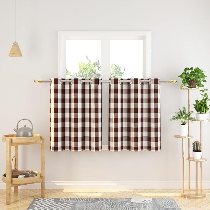3 Pieces Tier Curtains and Valance Set Buffalo Check Kitchen Tiers Plaid Gingham Grommet Top Classic Short Small Cafe Curtains Country Farmhouse Cafe Bathroom 54"x18"/32"x36" Brown & White