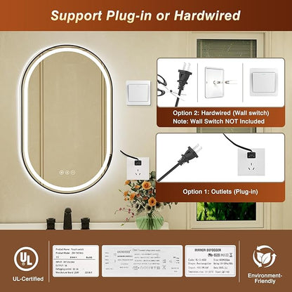 24x40 Inch Oval Black Framed LED Bathroom Mirror with Lights, Built-in Bluetooth Speaker,Tempered Glass,Dimmable Lighted Bathroom Vanity Mirror with 3 Colors, Backlit + Frontlit, Memory, Anti-Fog