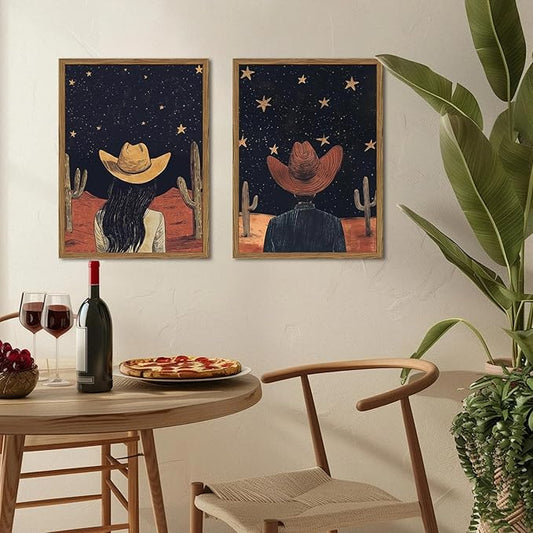 Framed Boho Western Cowboy and Cowgirl Wall Art Set of 2, Vintage Southwestern Desert Starry Sky Cactus Pictures Wall Decor, Rustic Farmhouse Paintings Canvas Prints for Living Room Bedroom 16x24 inch