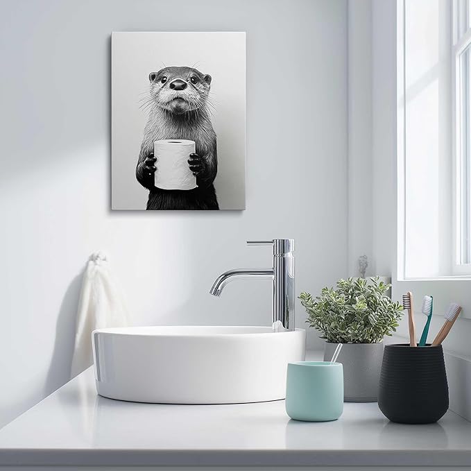 Funny Bathroom Wall Art Canvas Framed Print Black and White Otter Holding Toilet Paper Whimsical Animal Wall Decor Artwork for Bathroom Powder Room Kids Bathroom 12x16 Inches