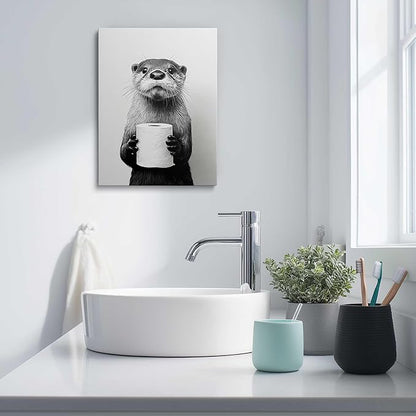 Funny Bathroom Wall Art Canvas Framed Print Black and White Otter Holding Toilet Paper Whimsical Animal Wall Decor Artwork for Bathroom Powder Room Kids Bathroom 12x16 Inches