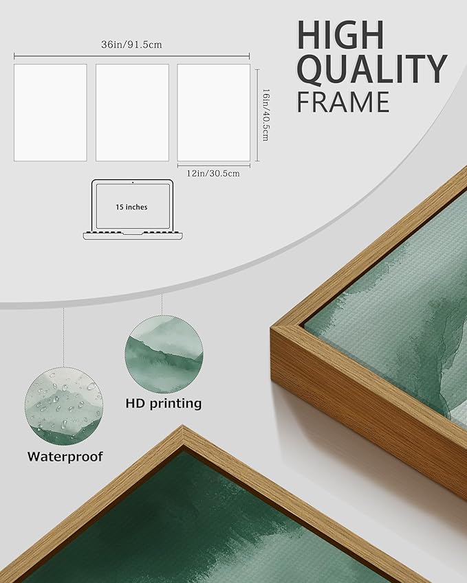 PHOPAGO Green Watercolor Fog Mountains Framed Wall Art Vintage Nature Landscape Artwork Paints Boho Rustic Scenic Room Decor for Dining Room Hallway - 12x16in Natural Framed