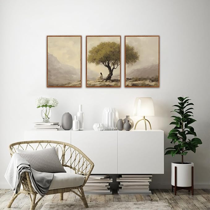 HLNIUC Jesus Sitting Under Olive Tree Canvas Wall Art,Religious Christian Wall Decor(16x24x3),Easter God Bible Story Framed Artwork,Vintage Garden of Gethsemane Prints for Church,Living Room,Bedroom