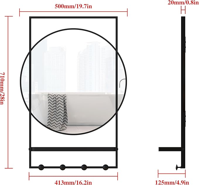 28 x20 Inch Entryway Mirror with Hooks, Bathroom Mirror with Shelf, Rectangular Frame Round Wall Mirror with Shelf and Hooks, Vanity Mirror Decorative for Wall