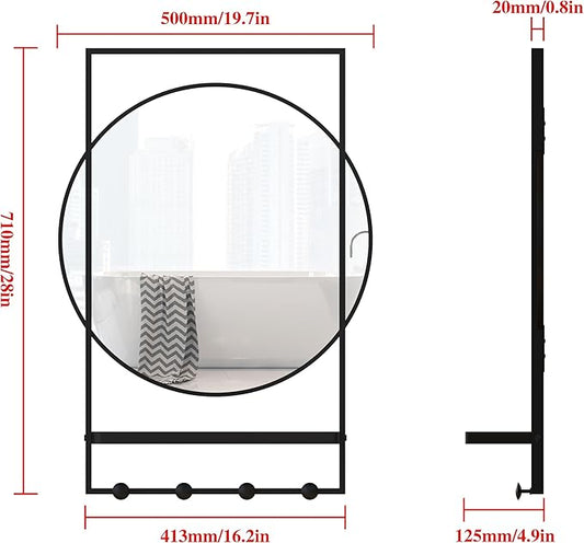 28 x20 Inch Entryway Mirror with Hooks, Bathroom Mirror with Shelf, Rectangular Frame Round Wall Mirror with Shelf and Hooks, Vanity Mirror Decorative for Wall