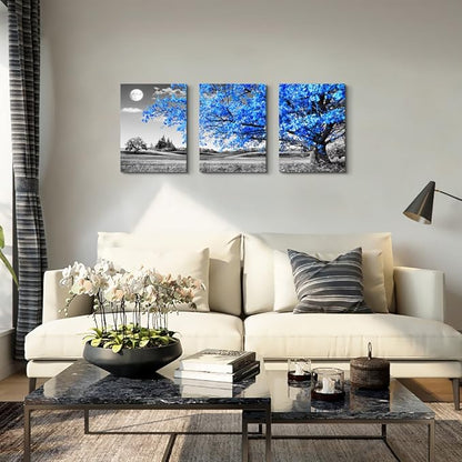 Wall Art For Living Room Black And White Blue Tree Moon Canvas Wall Decor For Home Artwork Huge Painting 20" X 28" 3 Pieces Canvas Print For Bedroom Decor Modern Salon Kitchen Office Hang A Picture