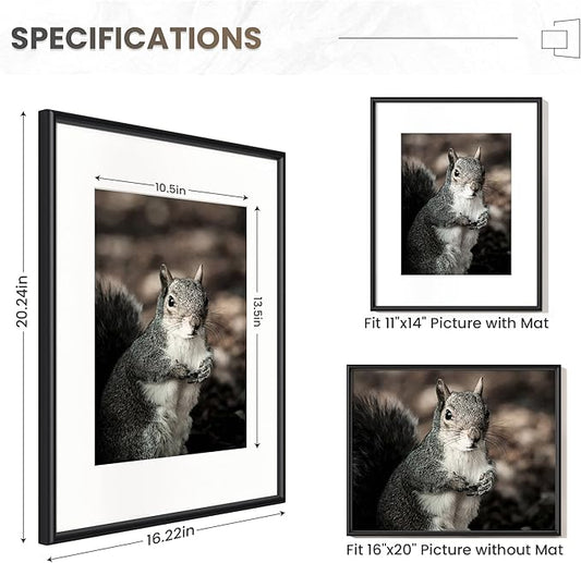Fun Memories 16x20 Aluminum Picture Frame Black, 16"x20" Frame for Wall with Real Glass, 16 x 20 Black Metal Frame, 16x20 Picture frame Matted to 11x14, Set of 3