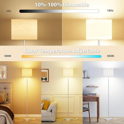 Keepsmile Dimmable Floor Lamps for LivingRoom with 12W LED Bulb, Foot Switch, Remote Custom Color Temperature Floor Light, Linen Shade Standing Lamps, Modern Tall Lamp for Office Bedroom-Silver