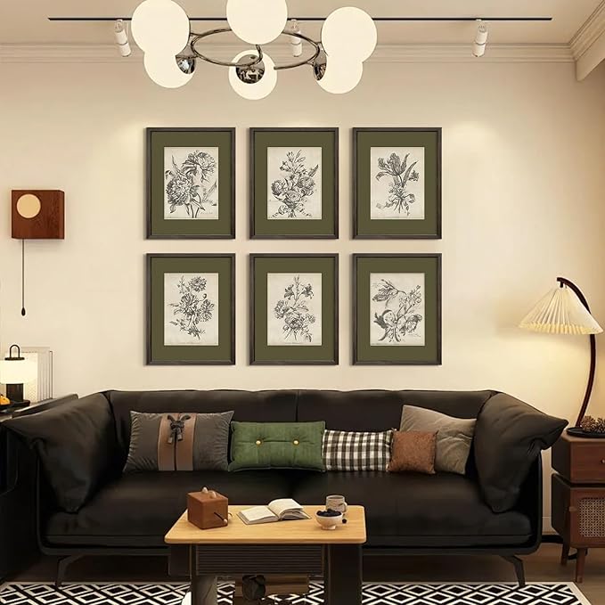 Vintage Floral Wall Art Sketch Flower Prints Antique Botanical Canvas Wall Art Decor Vintage Etchings Floral Poster Green Botanical Painting Sage Green Artwork for Bedroom 12x16x6 Inch Wood Framed
