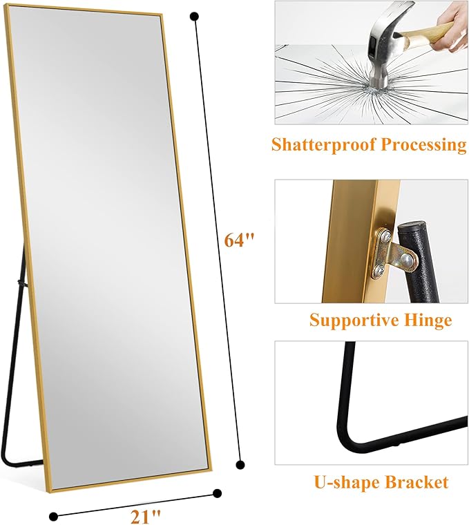 NeuType Full Length Mirror, 64"x21" Body Mirror with Stand Floor Standing Wall-Mounted Hanging or Leaning Against Wall Aluminum Alloy Thin Frame (Gold)