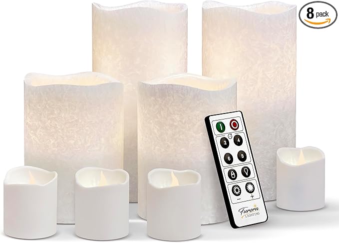 FURORA LIGHTING White Crystallized Flameless Candles - Real Wax, Adjustable Brightness, Remote & Timer - 4 Pillars (3x4, 3x6) and 4 Votives, 8-Pack, Battery Operated