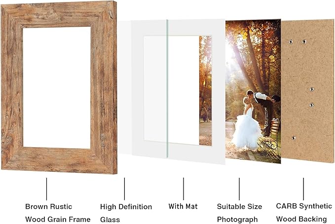 iRahmen 5x7 Picture Frame Set of 2, Rustic Brown Frame with High Definition Glass, Display Pictures 4x6 with Mat or 5 x 7 without Mat, Wood Photo Frame for Table top and Wall Mounting