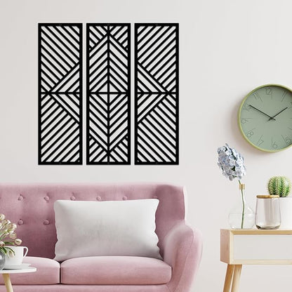 ESTART 3 Pcs Geometric Home Metal Wall Decor Vertical Abstract Minimalist Modern Black Wall Art Slatted Design Wall Hanging Sculpture for Living Room Bedroom Bathroom Office, 22 x 22 Inch