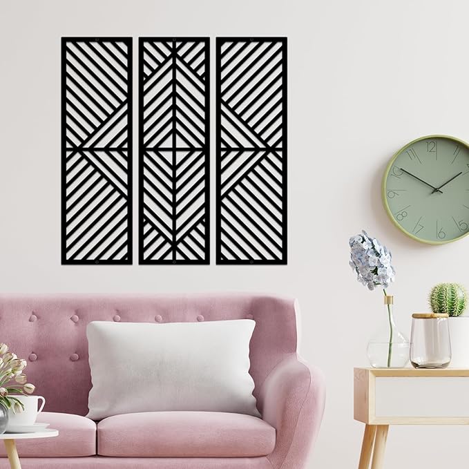 ESTART 3 Pcs Geometric Home Metal Wall Decor Vertical Abstract Minimalist Modern Black Wall Art Slatted Design Wall Hanging Sculpture for Living Room Bedroom Bathroom Study, 17 x 17 Inch
