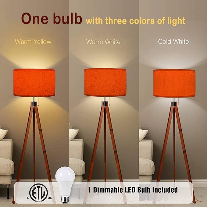 Wood Tripod Floor Lamp Orange Color for a Warm Colorful Modern Standing Lamp Linen Lampshade Dimmable Tall Lamp Mid Century Floor Lamp for Living Room Bedroom