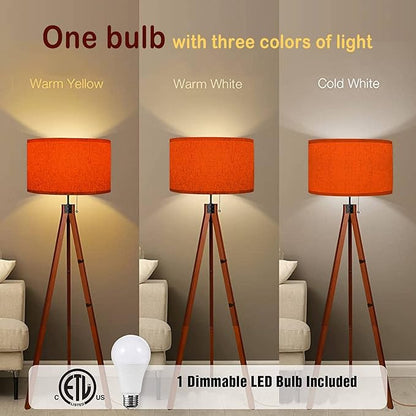 Wood Tripod Floor Lamp Orange Color for a Warm Colorful Modern Standing Lamp Linen Lampshade Dimmable Tall Lamp Mid Century Floor Lamp for Living Room Bedroom