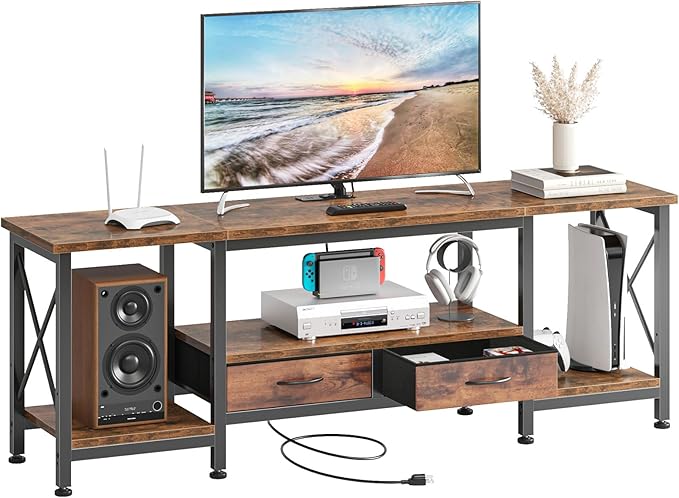 DUMOS 63” TV Stand with Power Outlets, Entertainment Center for TVs Up to 75 Inches, Industrial Media Console with Fabric Drawers and Open Shelves, Rustic Brown TV Table for Living Room, Bedroom