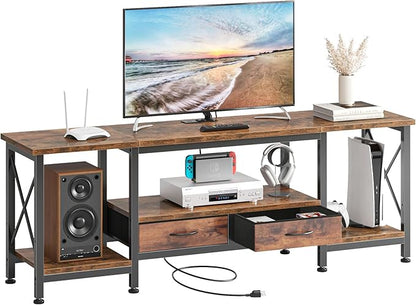 DUMOS 63” TV Stand with Power Outlets, Entertainment Center for TVs Up to 75 Inches, Industrial Media Console with Fabric Drawers and Open Shelves, Rustic Brown TV Table for Living Room, Bedroom