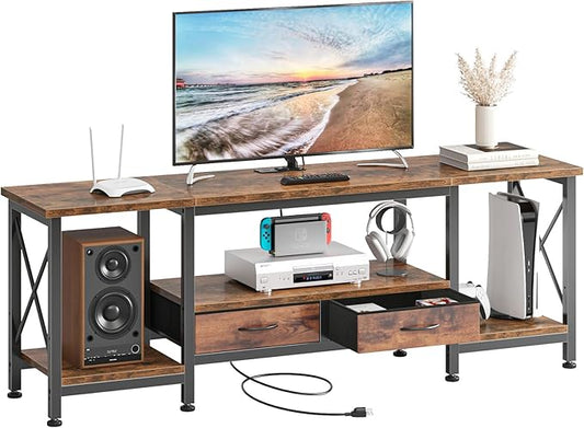 DUMOS 63” TV Stand with Power Outlets, Entertainment Center for TVs Up to 75 Inches, Industrial Media Console with Fabric Drawers and Open Shelves, Rustic Brown TV Table for Living Room, Bedroom