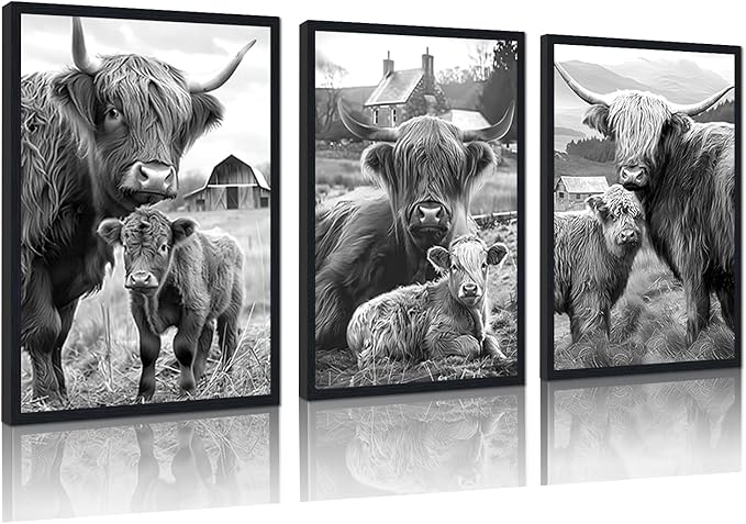 Vintage Scottish Cow Family Canvas Wall Art Rustic Highland Cow & Calf Poster Wall Decor Black White Western Farm Animals Artwork for Apartment Bedroom Country Decoration 24x36inchx3pcs,Framed
