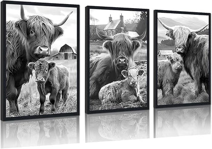 Vintage Scottish Cow Family Canvas Wall Art Rustic Highland Cow & Calf Poster Wall Decor Black White Western Farm Animals Artwork for Apartment Bedroom Country Decoration 24x36inchx3pcs,Framed