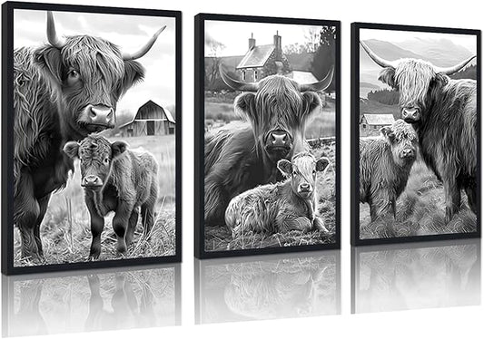 Vintage Scottish Cow Family Canvas Wall Art Rustic Highland Cow & Calf Poster Wall Decor Black White Western Farm Animals Artwork for Apartment Bedroom Country Decoration 24x36inchx3pcs,Framed