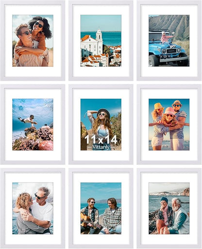 Vittanly 11x14 Picture Frames Set of 9, Shatter Resistant Plexiglass, Display 8x10 Pictures with Mat or 11x14 without Mat, Photo Frames for Wall or Tabletop, Engineered Wood, White