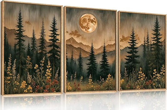 HOURIA Vintage Boho Nature Moonlight Forest Mountain Framed Canvas Wall Art Set,Wilderness Dark Moon Woodland Floral Decor,Retro Wildflower Field Landscape Artwork for Living Room,Farmhouse-24 x36 x3