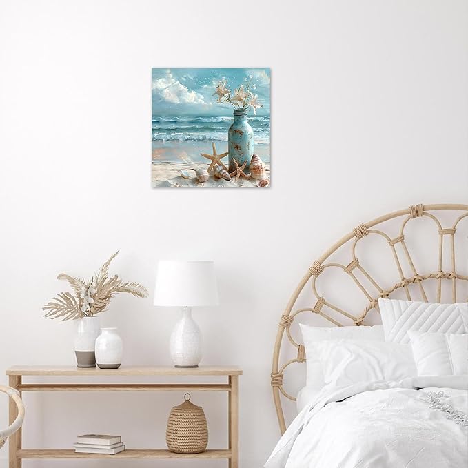 LB Coastal Starfish with White Flower in Vintage Vase on Teal Beach Scene Canvas Wall Art Decor for Living Room, Bedroom, Bathroom, Office - Framed Ready to Hang 12L x 12W