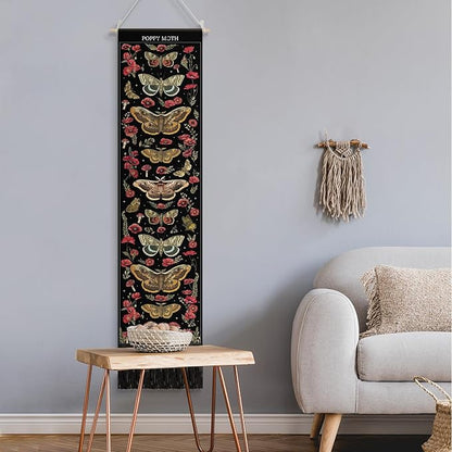 Tegeme Vintage Tapestry 52 x 13 Inch, Long Vertical Wall Hanging Reference Illustrative Botanical Insect Tassel Tapestry for Bedroom Living Room Home Decoration (Poppy Moth)